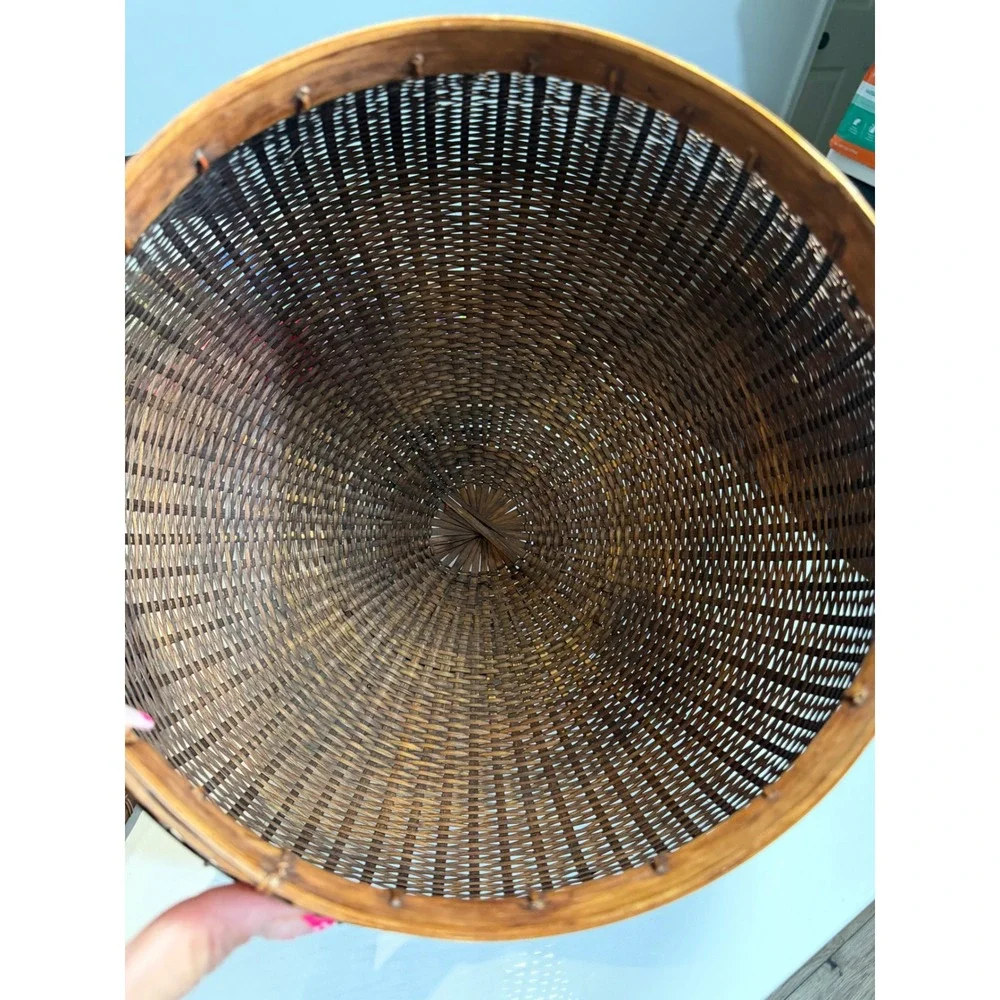Vintage Hand Woven Bamboo Basket with Lid Dark Brown Boho Decorative Storage 14